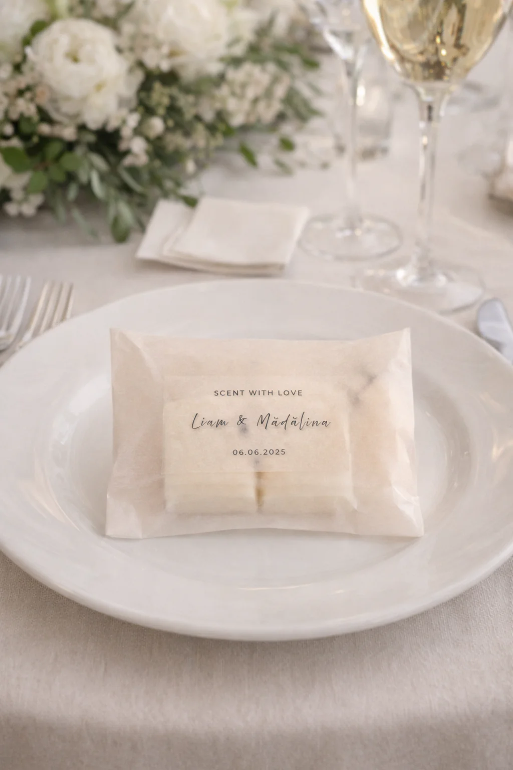 Luxury wedding candle favours styled on table